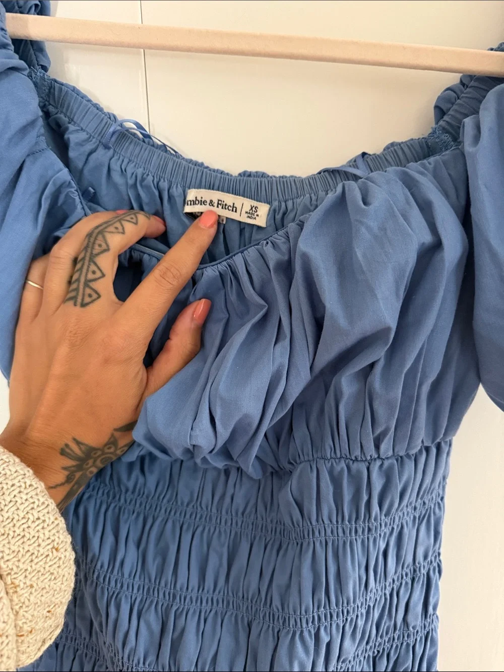 Abercrombie & Fitch Blue Smocked Puff-Sleeve Maxi Dress